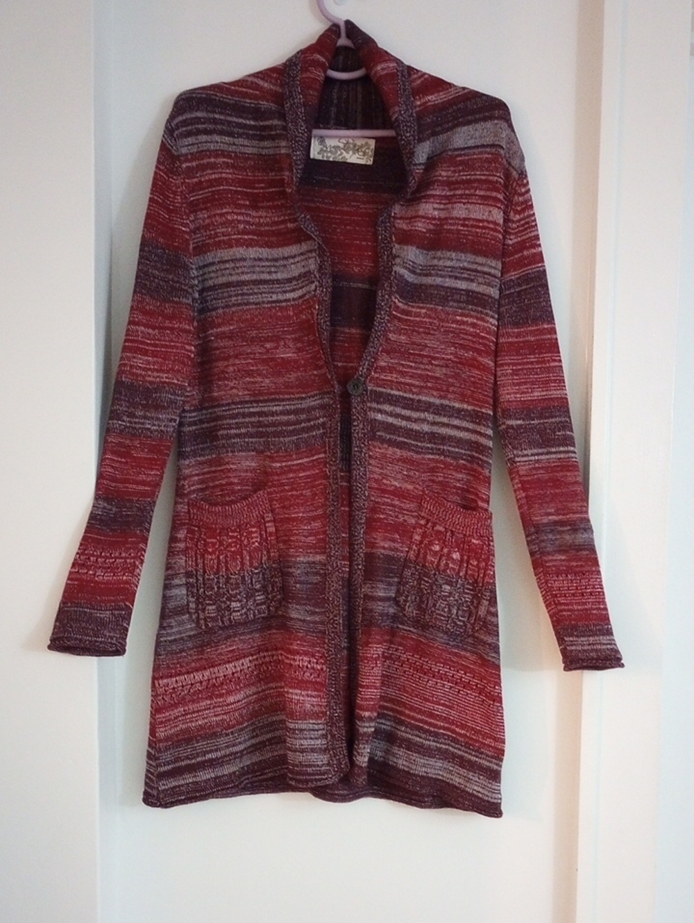 Cable Knit Wool Blend Maroon Burgundy Stripes Open-Front Long Cardigan Size M